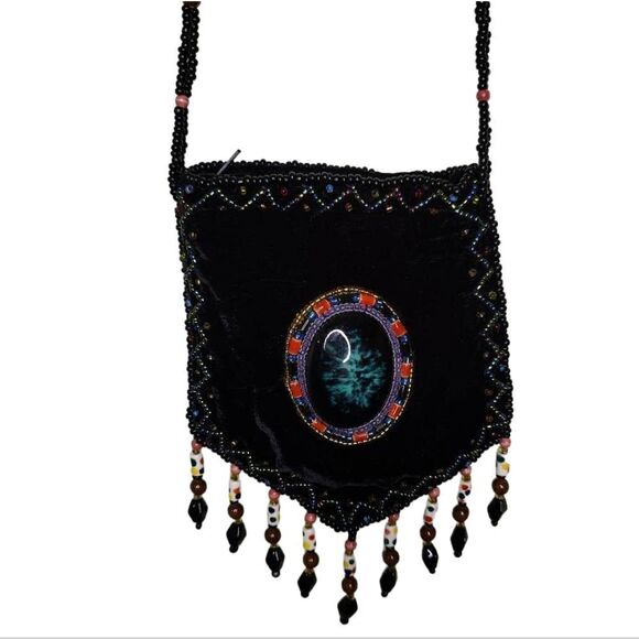 Vintage Velvet Amulet Front Beaded Boho Cross Body Medicine Coin Bag - Picture 1 of 9